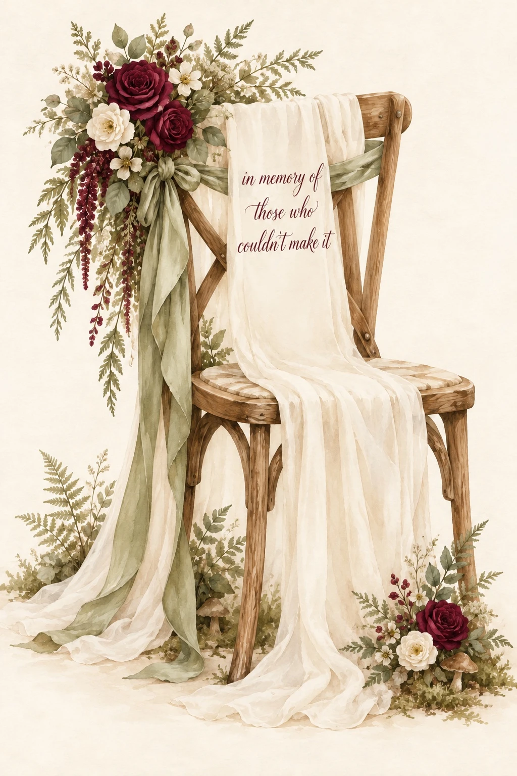 A wooden remembrance chair draped with ivory fabric and sage ribbon, with burgundy and ivory flowers. The fabric reads: in memory of those who couldn't make it.